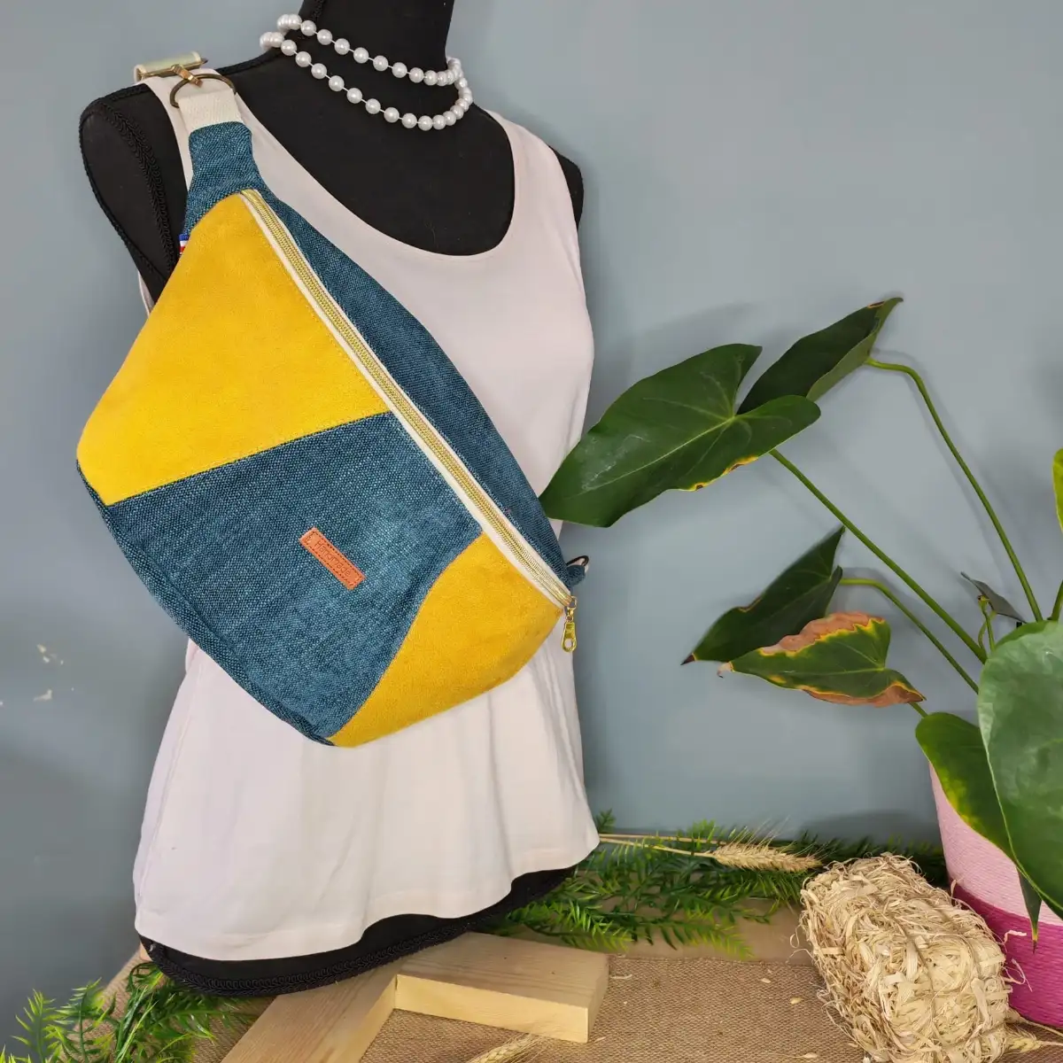 Sac banane XL multicolore velours et suédine