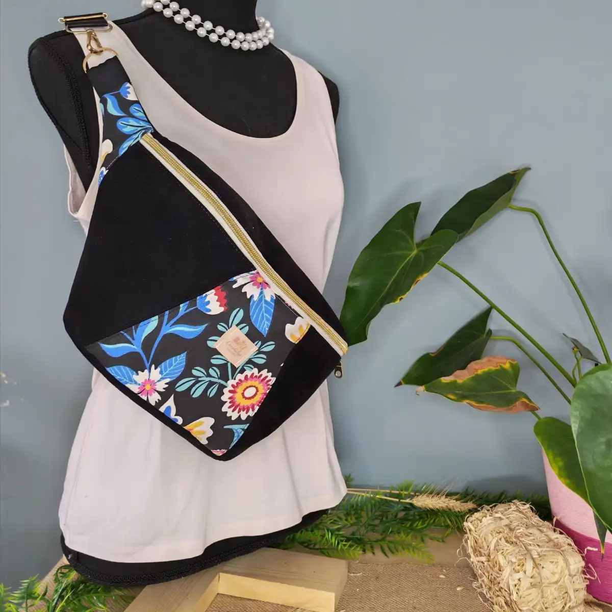 Sac banane XL multicolore velours lisse et coton fleurs