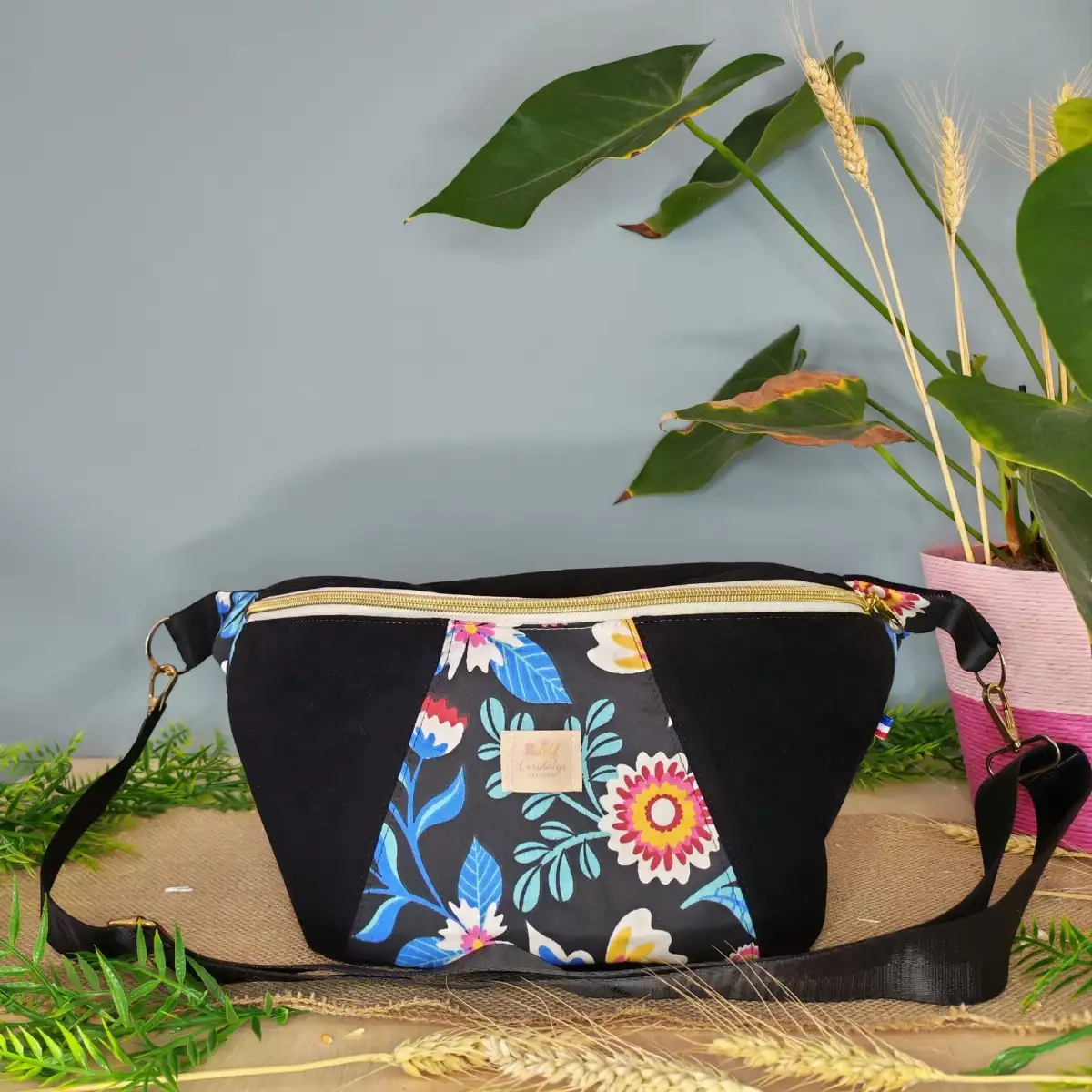 Sac banane XL multicolore velours lisse et coton fleurs
