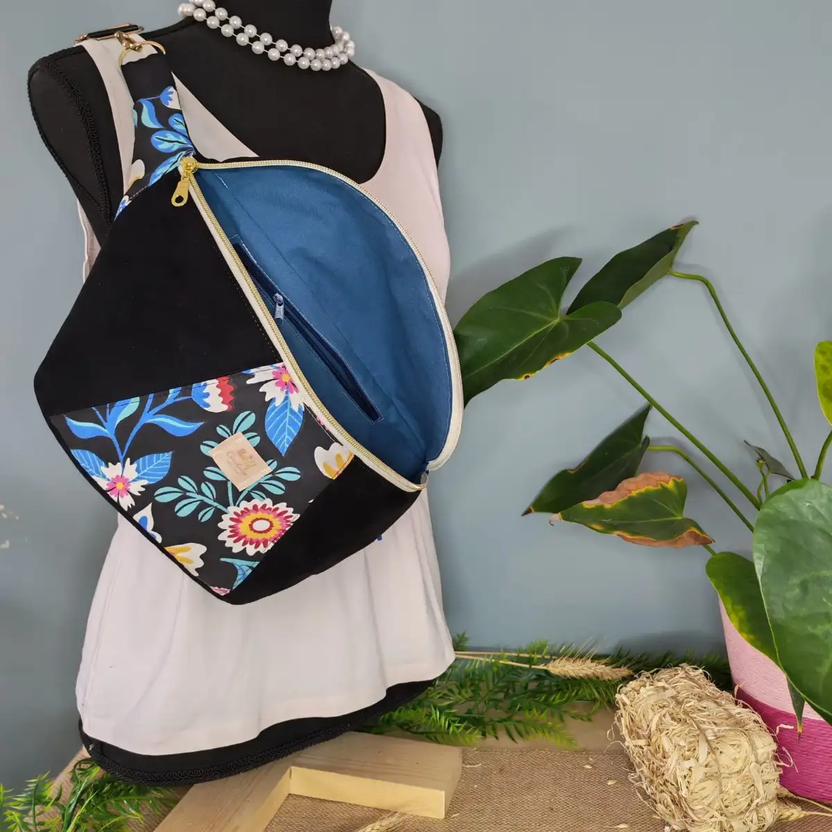 Sac banane XL multicolore velours lisse et coton fleurs
