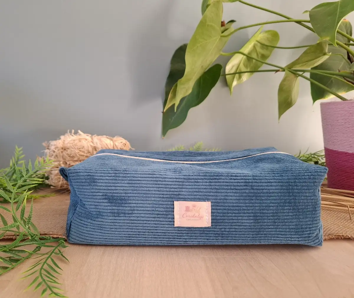 Trousse de toilette velours bleu canard