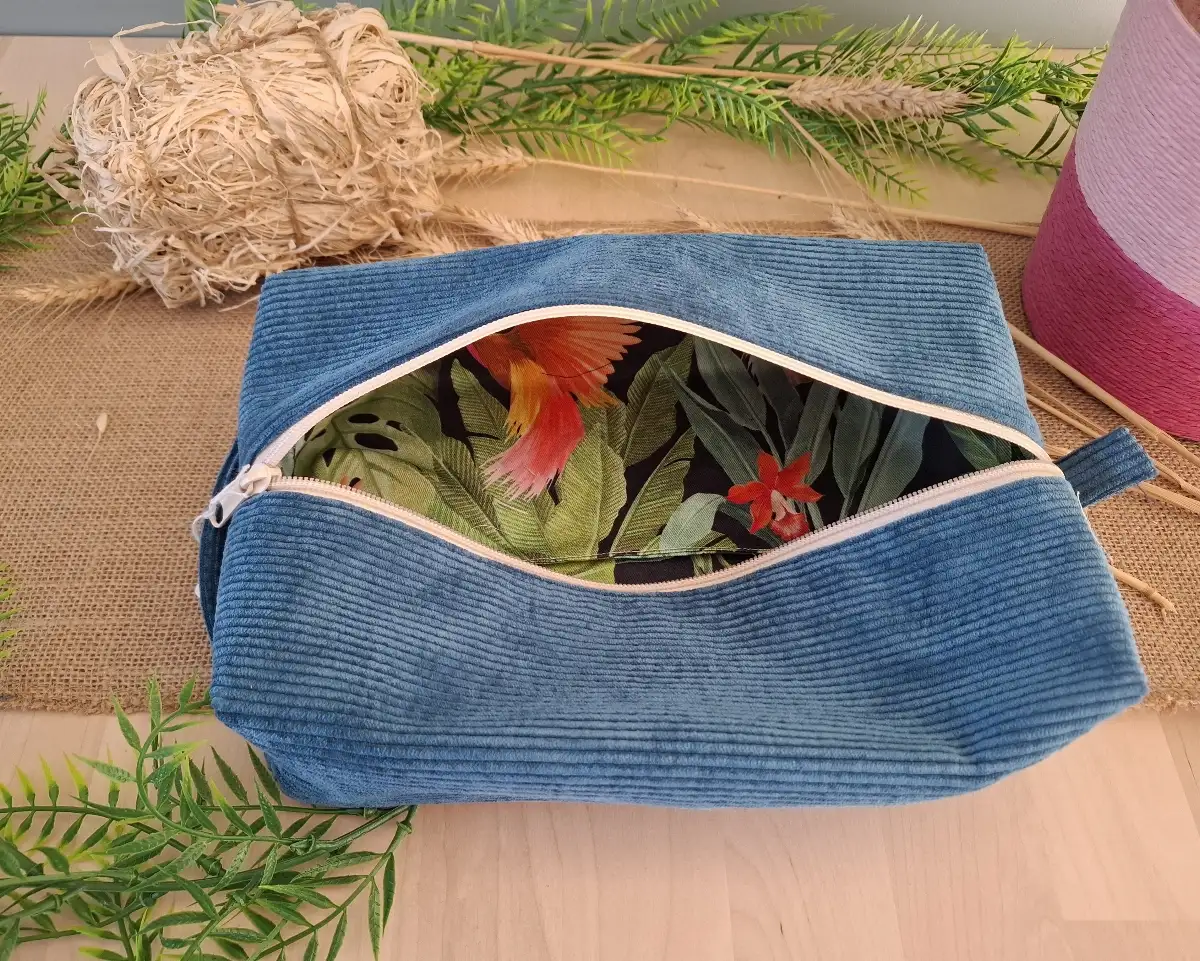 Trousse de toilette velours bleu canard