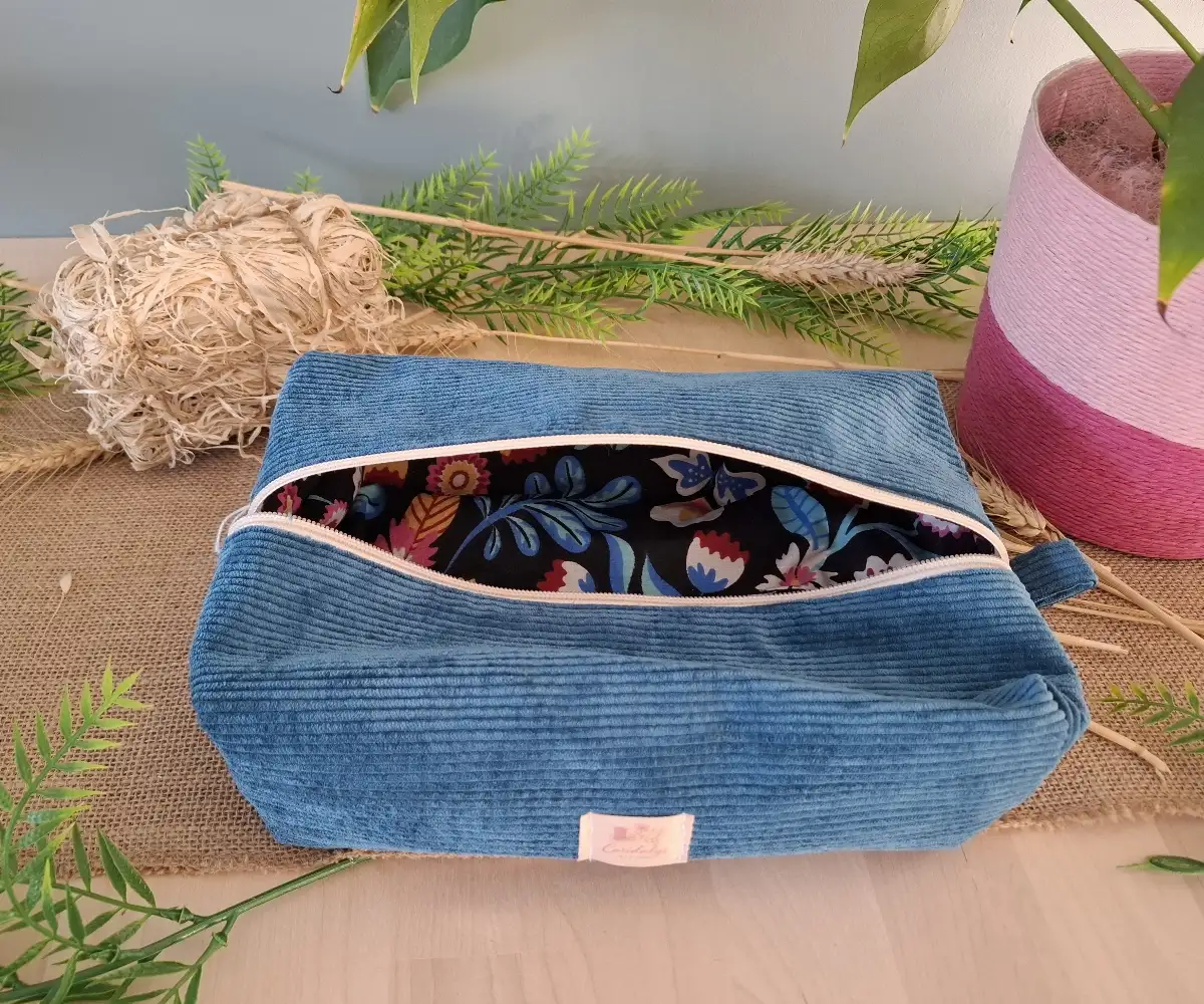Trousse de toilette velours bleu canard
